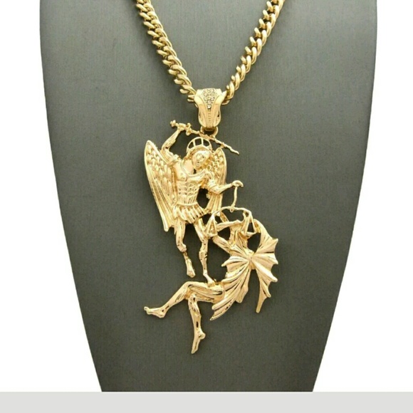 Hip Hop Gold PT Saint Michael Archangel Pendant W/ - Picture 4 of 4